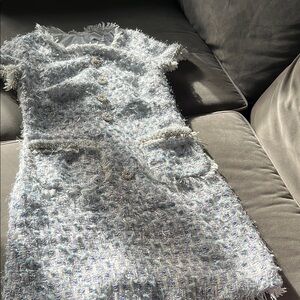 Mac Duggal Pale Blue & White Tweed Midi Dress with Pearl Buttons